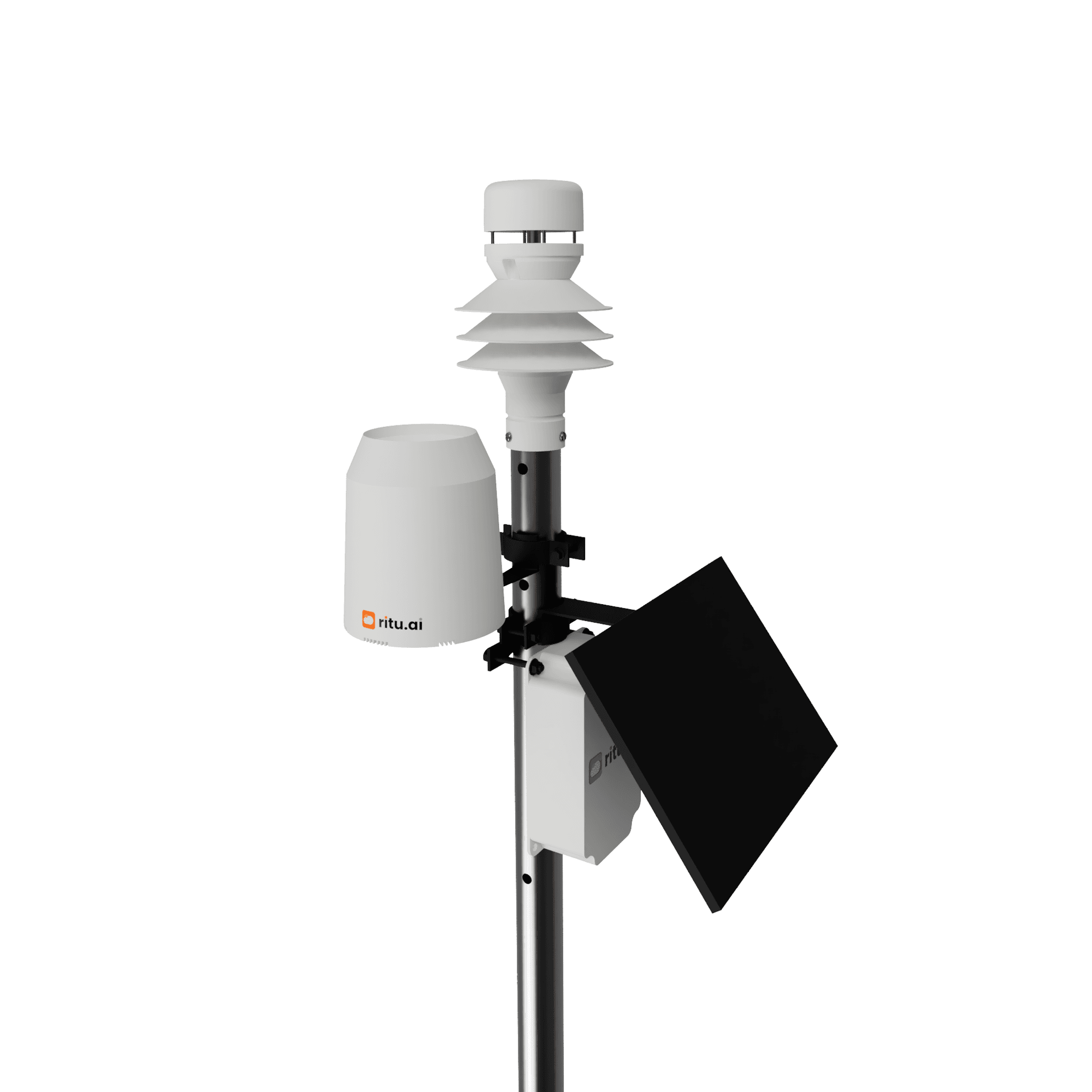 A ritu weather station on its mast: sensors, rain gauge, wind sensor, and solar panel.